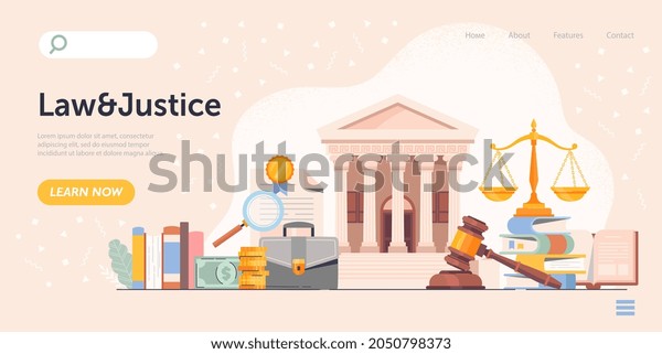 Law and justice concept. Landing page, guide.\
Graphic elements for legal sites, lawyer, notary. Judges gavel hits\
table, judgement. Cartoon flat vector illustration isolated on\
beige background