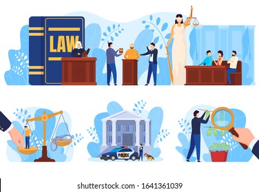 Law and justice concept, people in court vector illustration. Judge, attorney and jury in courthouse, money laundering investigation. Crime suspect, police officer cartoon character, scales of justice