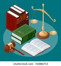 Law and justice concept. Public justice symbols balance gavel wristbands judge and jury characters. Vector illustration Flat icon vector illustration.