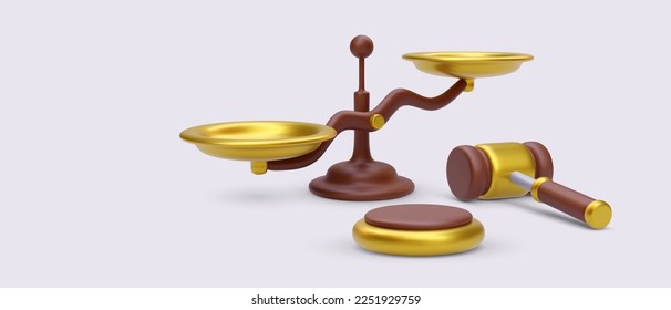 Law and justice, concept with scales and hummer in cartoon 3d realistic style. Vector illustration