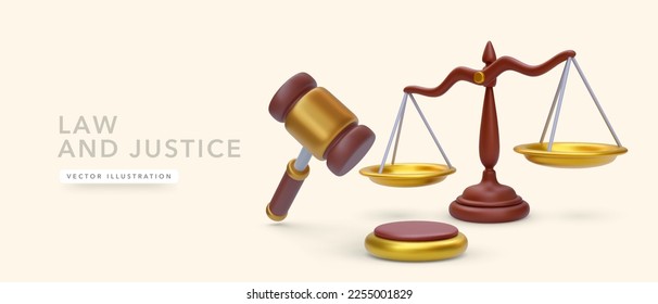 Derecho y justicia, concepto con escalas y humor en caricatura 3d estilo realista. Ilustración del vector