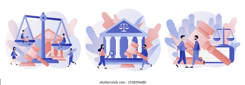 Concepto de derecho y justicia. Escala de justicia, edificio del juez y gavel del juez. Tribunal Supremo. Estilo moderno de caricatura plana. Ilustración del vector