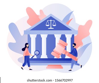 Law and Justice Concept. Justice scales, judge building and judge gavel. Supreme court. Modern flat cartoon style. Vector illustration