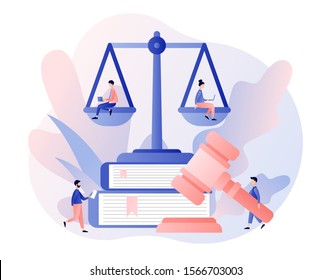 Law and Justice Concept. Justice scales, judge and judge gavel. Tiny people in the Supreme Court. Modern flat cartoon style. Vector illustration