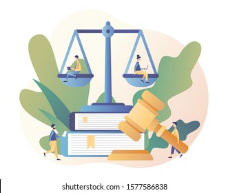 Law and Justice Concept. Justice scales, judge and judge gavel. Tiny people in the Supreme Court. Modern flat cartoon style. Vector illustration