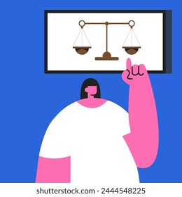 Law and justice concept scales on tv. Online lawyer legal consultation. Scenes of law and justice. Lawyer consults the client, the judge knocks with a wooden gavel. Flat vector illustration.