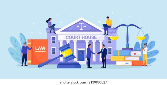 Law and justice concept. Justice scales, supreme court building and judge gavel. Crime courthouse advocate, lawyer consulting to client. Legal advice online, remote. Vector illustration