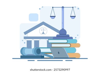 Law and Justice Concept. Scales of justice, supreme court building and judge's gavel. Supreme Court. Criminal trial advocate, lawyer consulting with client. Flat vector illustration on background.