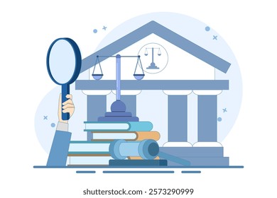 Law and Justice Concept. Scales of justice, supreme court building and judge's gavel. Supreme Court. Criminal trial advocate, lawyer consulting with client. Flat vector illustration on background.