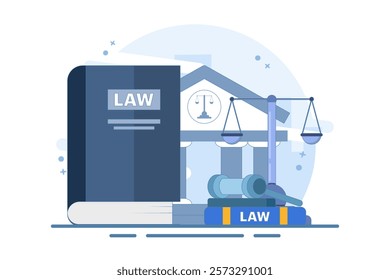 Law and Justice Concept. Scales of justice, supreme court building and judge's gavel. Supreme Court. Criminal trial advocate, lawyer consulting with client. Flat vector illustration on background.