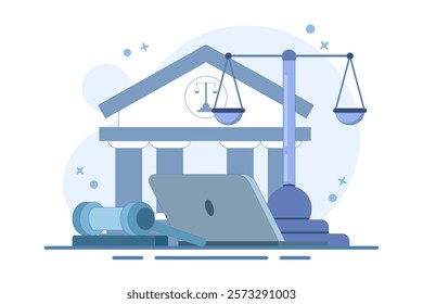 Law and Justice Concept. Scales of justice, supreme court building and judge's gavel. Supreme Court. Criminal trial advocate, lawyer consulting with client. Flat vector illustration on background.