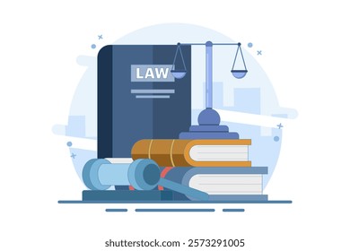 Law and Justice Concept. Scales of justice, supreme court building and judge's gavel. Supreme Court. Criminal trial advocate, lawyer consulting with client. Flat vector illustration on background.