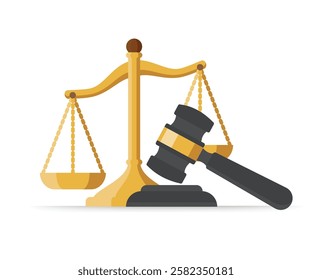 Law and justice concept vector illustration. Justice scales and wood judge gavel. Legal and legislation authority vector concept stock illustration