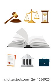 Lei e conceito de justiça ilustração vetorial. Balanças de justiça e martelo de juiz de madeira. Ilustração de estoque do conceito de vetor da autoridade legal e da legislação