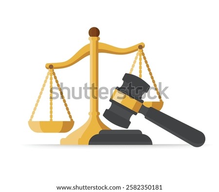 Law and justice concept vector illustration. Justice scales and wood judge gavel. Legal and legislation authority vector concept stock illustration