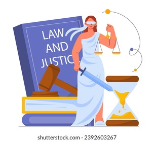 Concepto de derecho y justicia. Mujer con pesas y báscula en mano cerca de lentes y libros. Apoyo y protección jurídica, jurisprudencia. Dibujo vectorial plano de dibujos animados aislado en fondo blanco