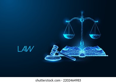  Law, Justice, court decision concept with scales, gavel and open book in futuristic style on blue 