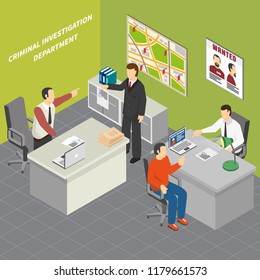 Law justice criminal investigation department detectives collecting crime evidence talking to suspect witnesses  isometric composition vector illustration 