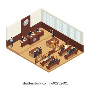 Law Justice Criminal Trial Courtroom Proceedings Isometric Composition Icon With Judge Bench Defendant Attorneys Audience Vector Illustration 