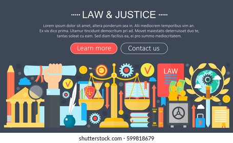 Law and justice design concept with justice icons infographics template design, web header elements, poster banner. Crime Vector illustration.