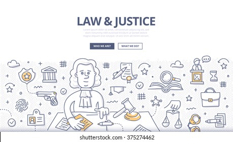 Law and justice design concept with judge of the court and various legislation and penal system symbols. Doodle design style illustration for web banners and printed materials