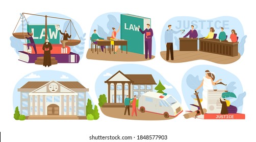 Law and justice design set of vector illustrations. Judgment court, house of justice, trial by jury, honest judge icons. Crime punishment authority. Justice statue god with scale. Trial at courthouse.