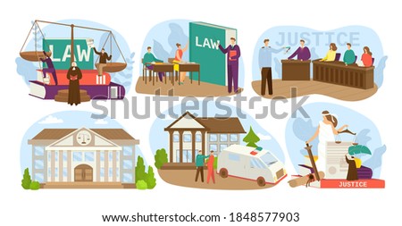 Law and justice design set of vector illustrations. Judgment court, house of justice, trial by jury, honest judge icons. Crime punishment authority. Justice statue god with scale. Trial at courthouse.