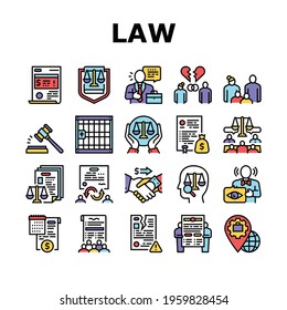 Law Justice Dictionary Collection Icons Set Vector. Family And Social Norms, Leasing And Breach Of Contract, Penalty And Divorce Law Concept Linear Pictograms. Contour Illustrations