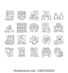 Law Justice Dictionary Collection Icons Set Vector. Family And Social Norms, Leasing And Breach Of Contract, Penalty And Divorce Law Black Contour Illustrations