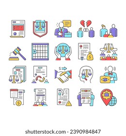 Law Justice Dictionary Collection Icons Set Vector. Family And Social Norms, Leasing And Breach Of Contract, Penalty And Divorce Law Concept Linear Pictograms. Contour Illustrations