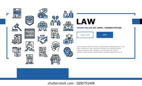Law Justice Dictionary Landing Header Vector. Family And Social Norms, Leasing And Breach Of Contract, Penalty And Divorce Law Illustration