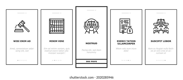 Law Justice Dictionary Onboarding Mobile App Page Screen Vector. Family And Social Norms, Leasing And Breach Of Contract, Penalty And Divorce Law Illustrations