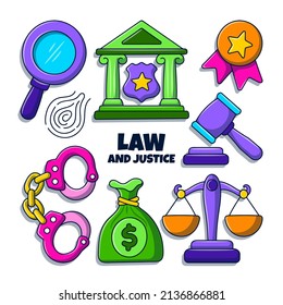 Law and Justice doodle illustration with colored hand drawn style