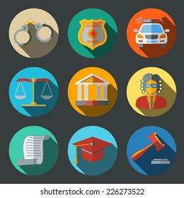 Law (justice) flat icons set on round plates with long shadows, with - scales, hammer, court house, judge, police badge, handcuffs, lawyer cap, police car, sentence document.