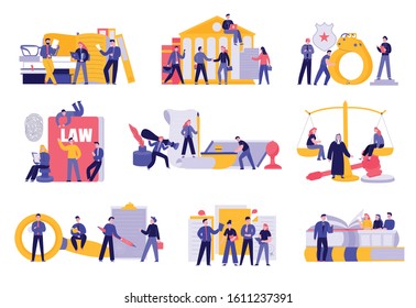 Law justice flat set with civil code books crime investigation courthouse judge trial balance imprisonment vector illustration 