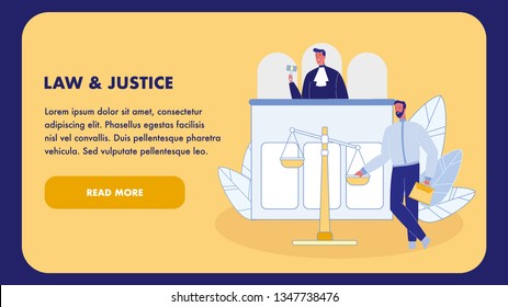 Law and Justice Flat Vector Landing Page Template. Judge in Gown with Gavel. Courtroom Web Banner. Attorney, Lawyer with Briefcase. Justice Scales. Magistrate Making Decision. Law Firm