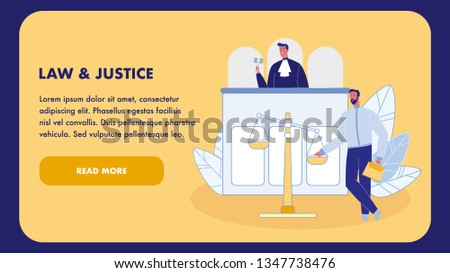 Law and Justice Flat Vector Landing Page Template. Judge in Gown with Gavel. Courtroom Web Banner. Attorney, Lawyer with Briefcase. Justice Scales. Magistrate Making Decision. Law Firm