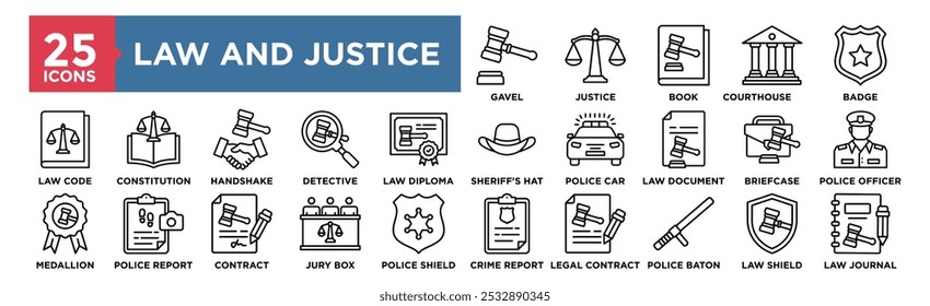 Conjunto de coleção de ícones Lei e Justiça. Contendo justiça de design, advogado, legal, conceito, tribunal, juiz, legislação, advogado