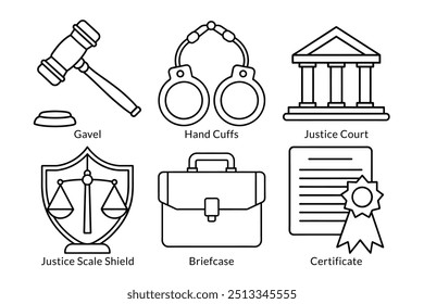 Law and Justice Icon Pack: Gavel, Handcuffs, Courthouse, Briefcase, Certificate - Perfect for Legal Apps and Designs