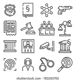 Law and justice icon set. Black and white flat line signs.