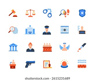 Law and justice icon set. Colorful signs with scales, judge gavel, courthouse, criminal, jail, evidence and verdict. Design elements for app. Flat vector illustration collection isolated on background