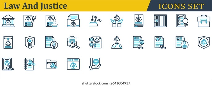 Law And Justice Icon Set. Containing Corporate Laws,Courthouse,Health Law,International Law,Investigation,Jail,Justice,Law Book,Legal,Legitimacy,Stamp,Transcription. Outline Color Style