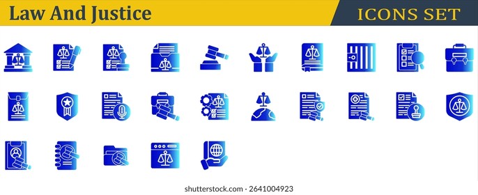 Law And Justice Icon Set. Containing Corporate Laws,Courthouse,Health Law,International Law,Investigation,Jail,Justice,Law Book,Legal,Legitimacy,Stamp,Transcription. Solid Gradient Style