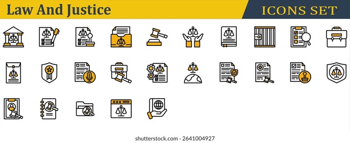 Law And Justice Icon Set. Containing Corporate Laws,Courthouse,Health Law,International Law,Investigation,Jail,Justice,Law Book,Legal,Legitimacy,Stamp,Transcription. Outline Color Lineal Style