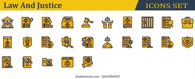 Law And Justice Icon Set. Containing Corporate Laws,Courthouse,Health Law,International Law,Investigation,Jail,Justice,Law Book,Legal,Legitimacy,Stamp,Transcription. Solid Color Lineal Style