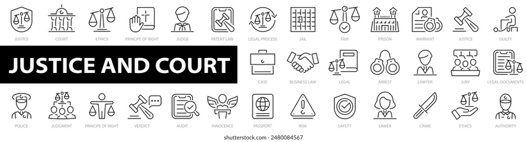 Law and Justice icon set. Court web icons. Containing Investigation, law, judgment, criminal, justice law, court legal, lawyer, criminal, prison and more. Vector illustration