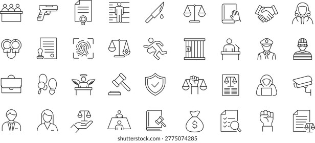 Law and justice icon set. Editable line icons. Containing judge, court, legal, lawyer, judgement, jury, crime, prison, police, attorney, gavel and more. 