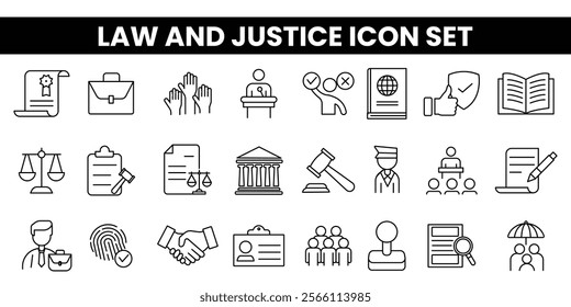 Law and justice icon set featuring scales, gavel, courthouse, and contract designs. Perfect for legal firms, attorneys, court visuals, academic projects, and law-related graphic materials.