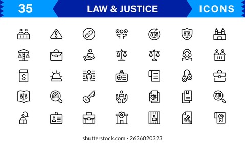 Law and Justice Icon Set Featuring Court, Lawyer, Gavel, Justice Scale, and Legal Concepts in a Clean, Professional Vector Style for Stock Use
