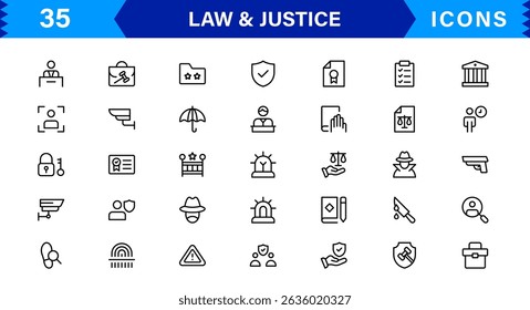 Law and Justice Icon Set Featuring Court, Lawyer, Gavel, Justice Scale, and Legal Concepts in a Clean, Professional Vector Style for Stock Use